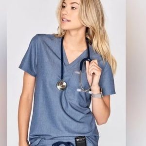 Figs Heather Denim Scrub Top